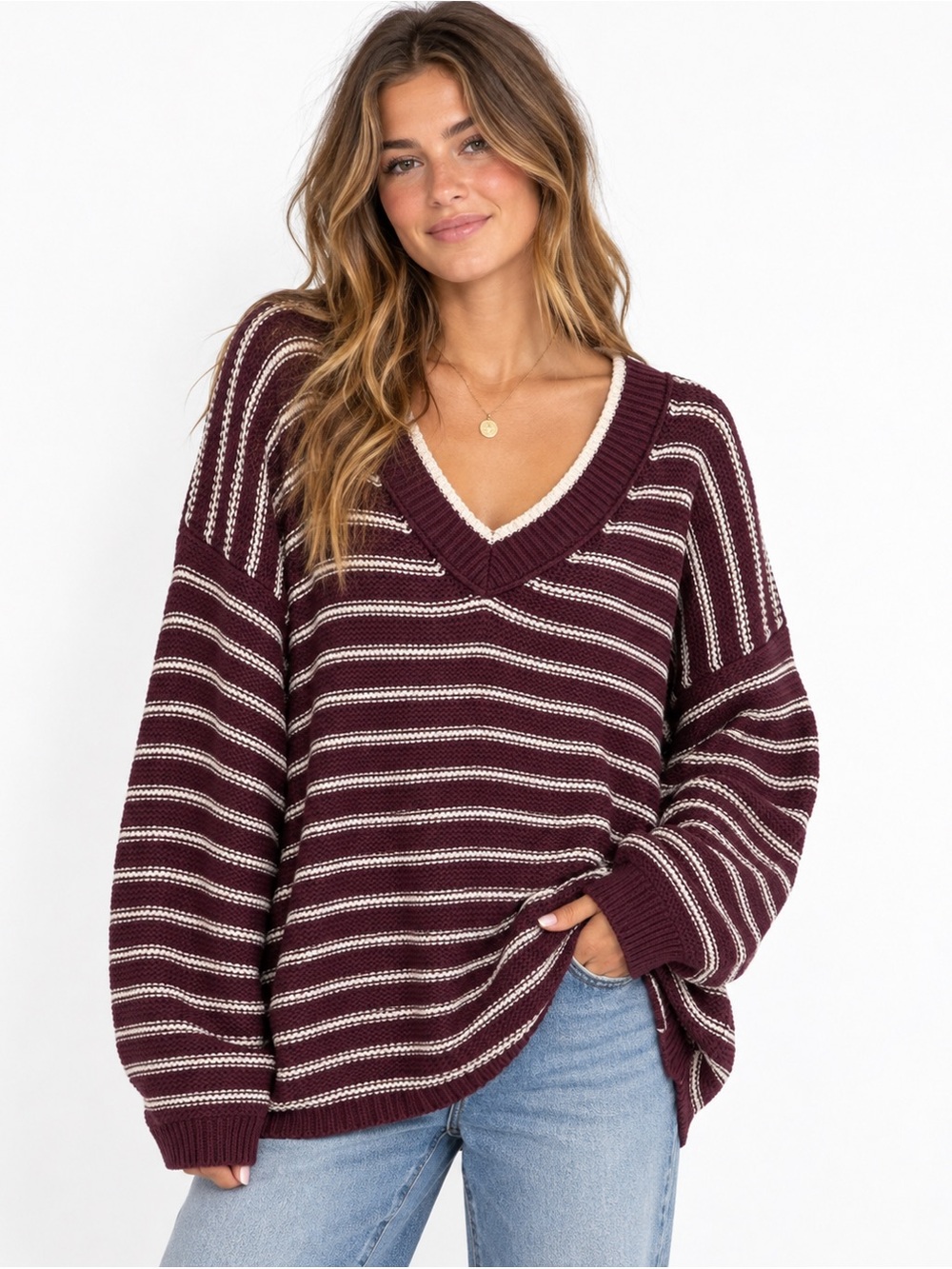 American Eagle Burgundy Striped Oversized V-Neck Sweater XXL